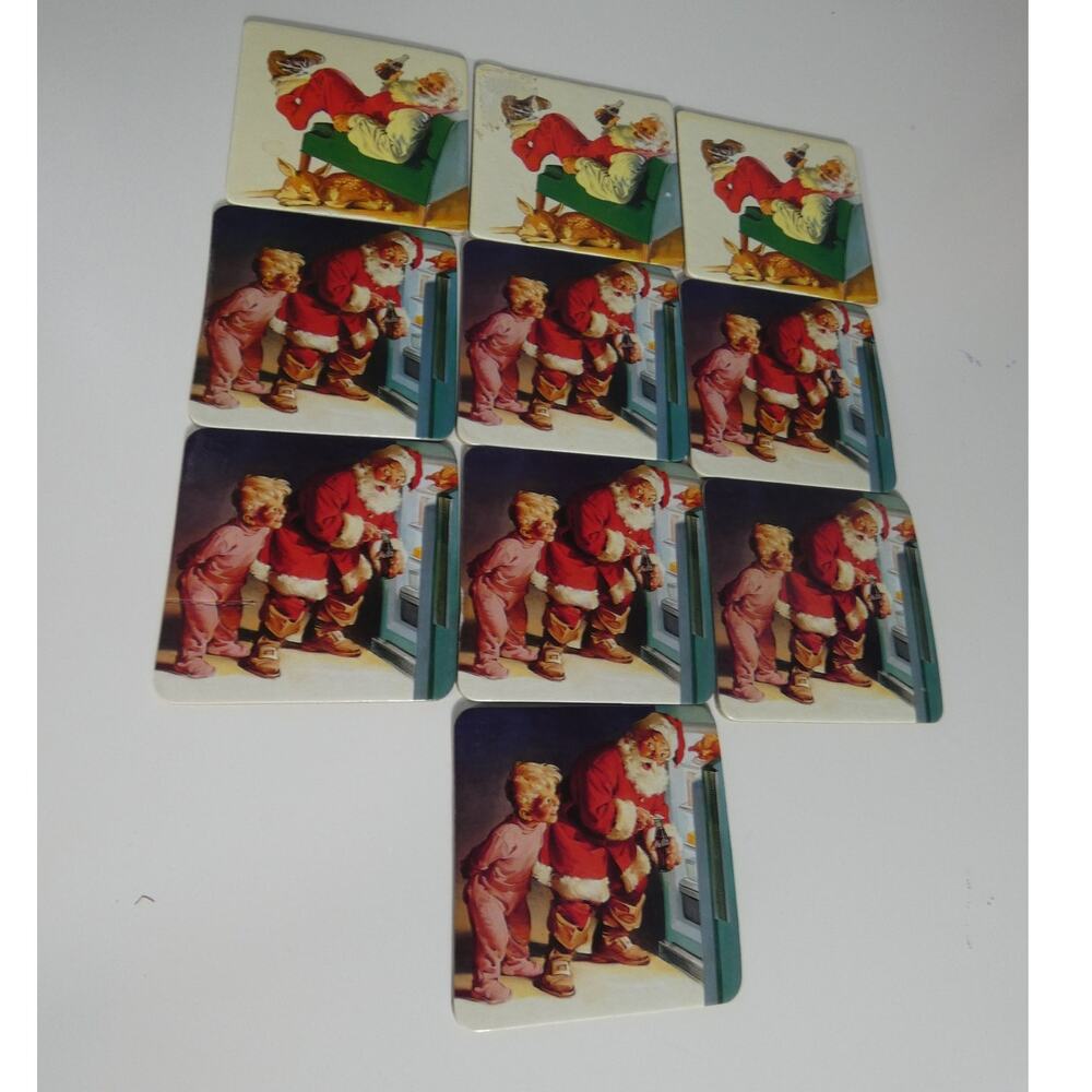 Vintage Coca-Cola Santa Coasters 10 Total 3.5 Inch Square Cork Back